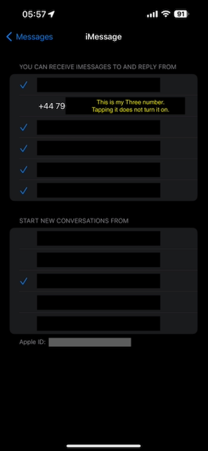 Send and Receive list in iMessage settings