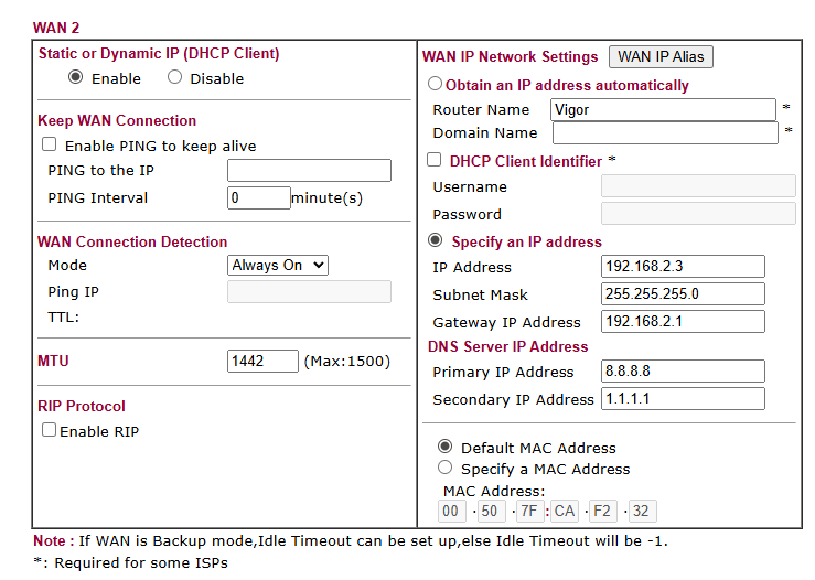 Wan 2 is enabled, WAN connection mode is always on, the specified IP address is 192.168.2.3 with a gateway IP address of 192.168.2.1